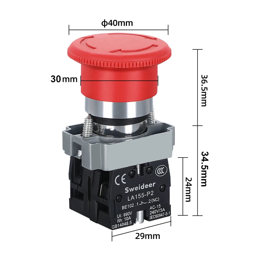 22mm Mushroom Emergency Stop Button Switch XB2-BS542 BS442 BS642 BS142 10A Key Emergency Stop Power Button Switch Starter Switch