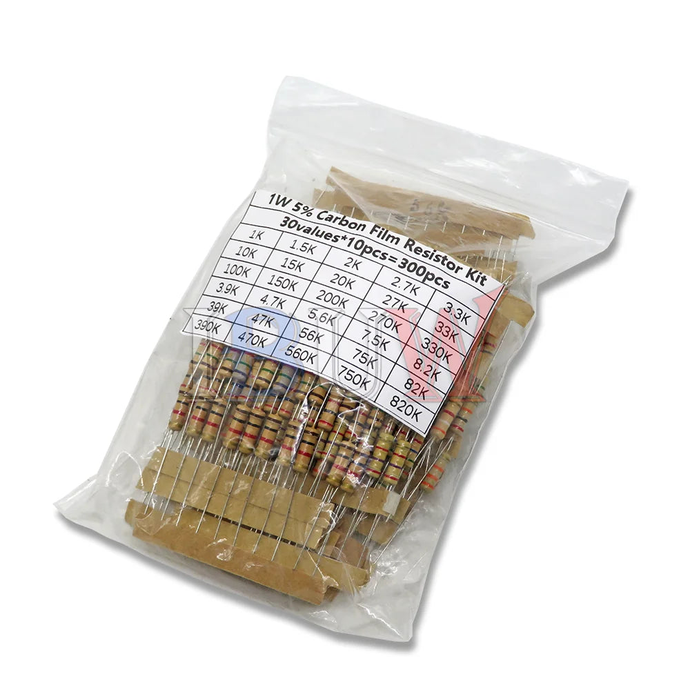 150PCS 300PCS Resistor Kit 1W 2W 3W 5W 5% 30values X 10PCS Carbon Film Resistance 0.1-750 ohm Set 1k-820K 30values X 5PCS