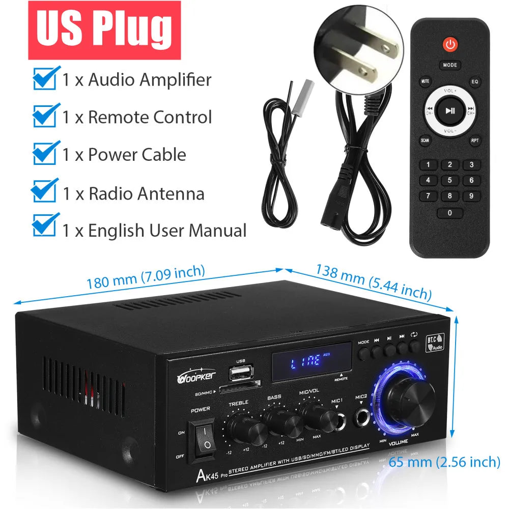 Woopker AK35/AK45 Pro/AK55 Digital Amplifier Bluetooth Sound Amplifier 2 Channel HIFi FM USB Audio Amp For Home Car Karaoke