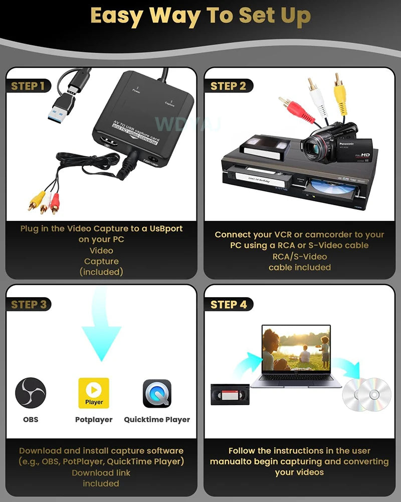 VHS to Digital Converter RCA to HDTV Adapter USB Video Capture Card for VCR/DVD/AV/PS2/Wii, Windows Mac Linux AV to HDTV