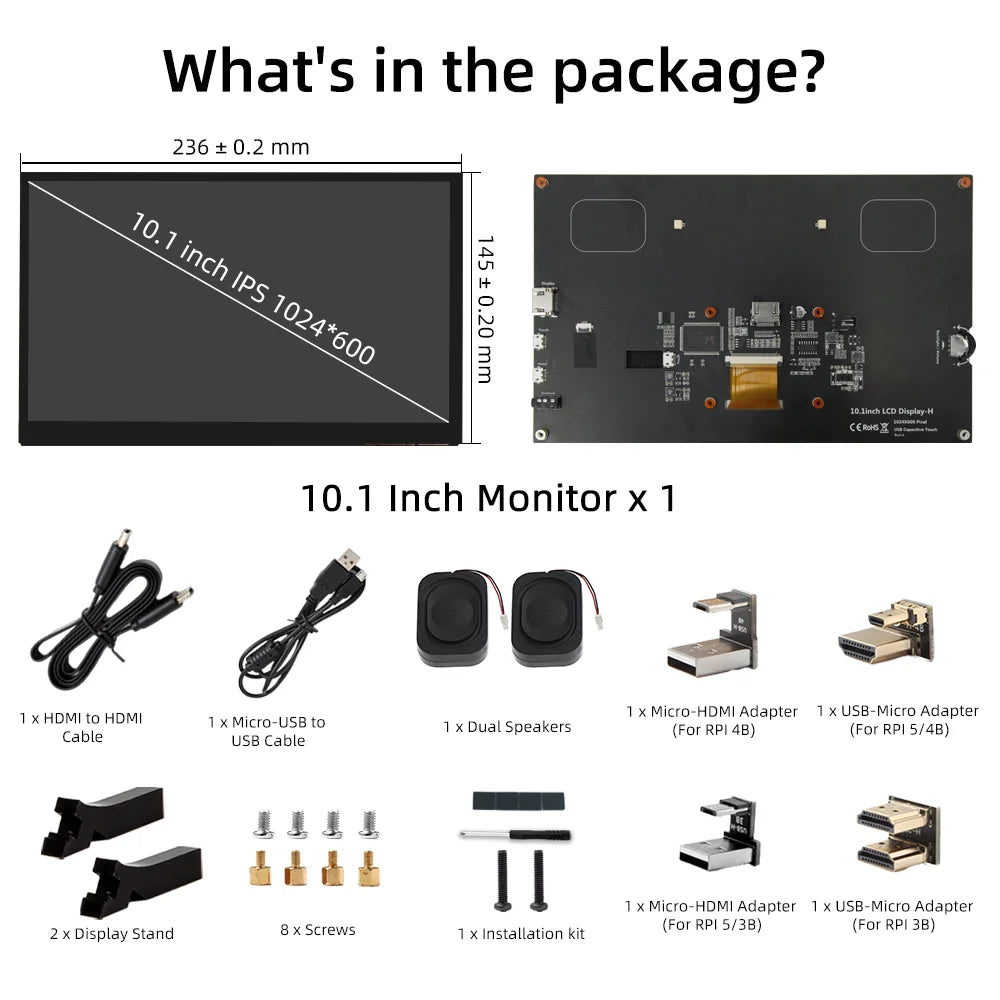 iPistBit 10.1 Inch Capacitive Touch Screen 1024*600 IPS Display for Raspberry Pi Win 8/10 LCD Display with Speakers