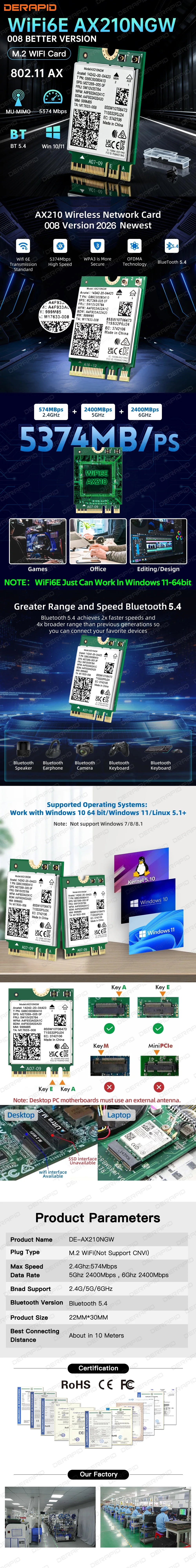 Tri Band WiFi6E AX210NGW 5400Mbps Bluetooth 5.4 802.11AX Wireless Wi-Fi 6E AX210 For Intel AX210NGW M.2 NGFF WiFi Card Win10/11