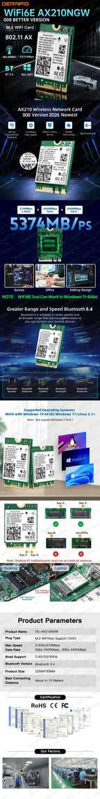 Tri Band WiFi6E AX210NGW 5400Mbps Bluetooth 5.4 802.11AX Wireless Wi-Fi 6E AX210 For Intel AX210NGW M.2 NGFF WiFi Card Win10/11