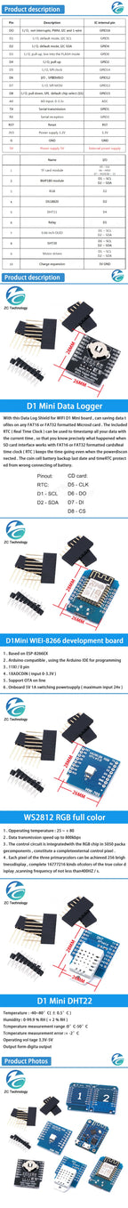 D1 Mini ESP8266 ESP-12F CH340G V2 USB For WeMos Data Logger WIFI Development Board V3.0 NodeMCU Lua DHT22 AM2302 WS2812 RGB