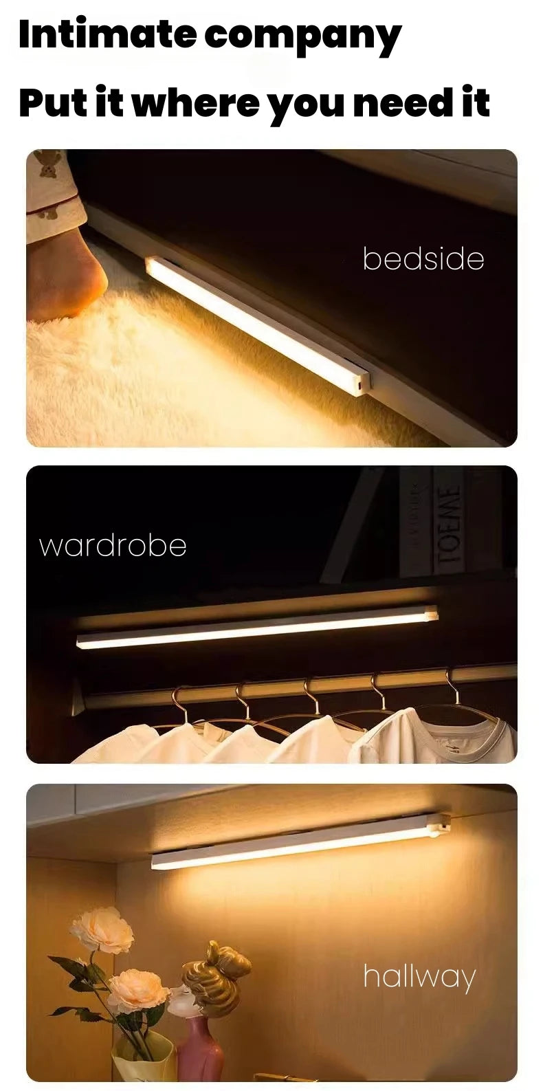 Motion Sensor Bar Light Type C Rechargeable Light LED Magnetic Attraction Night Light for Kitchen Bedside Wardrobe Bookcase