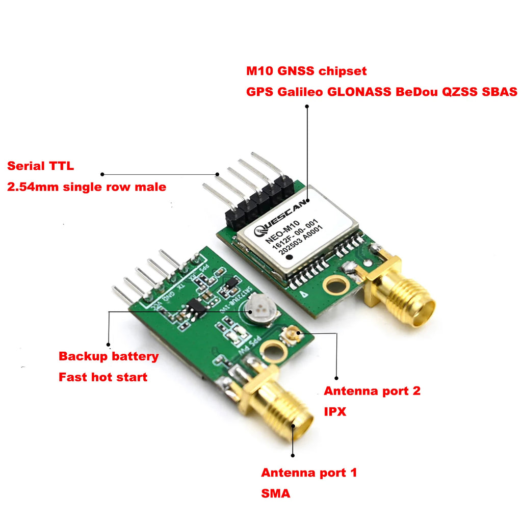 QUESCAN M10050 M10 GPS Galileo BeiDou GLONASS Module Active Antenna GNSS Receiver Arduino ESP32 GPS NMEA UBX Protocol 1-25Hz