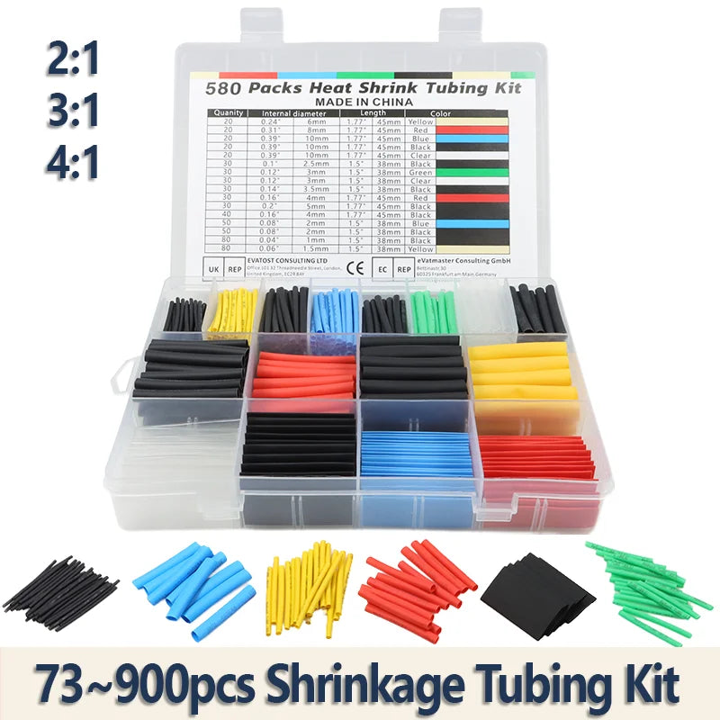 Heat Shrink Tubing Kit 73-900PCS 2:1 3:1 4:1 Ratio Cable Wire Insulation Sleeve Electrical Repair Protector Heat-Shrink Tube Set