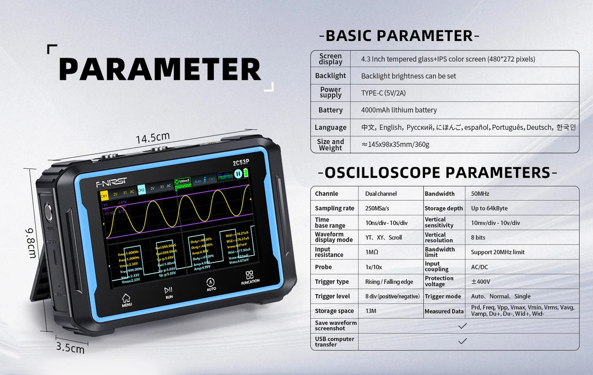 FNIRSI 2C53P 3 in 1 Digital Handled Oscilloscope Multimeter Signal Generator Touch Screen 2 Channel 50MHZ 250Ms/S 19999 Counts