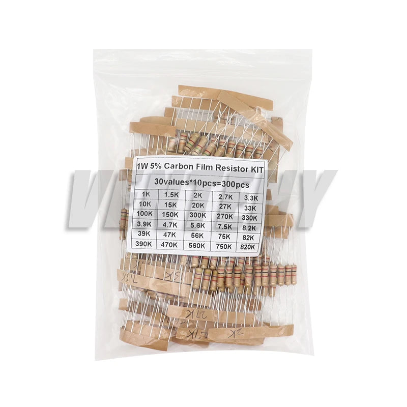150PCS/300PCS 1W 2W 3W 5W 30Values Carbon Film Resistor Assortment Kit 5% Resistance Set 0.1R-750R 1K-820K ohms DIY Pack