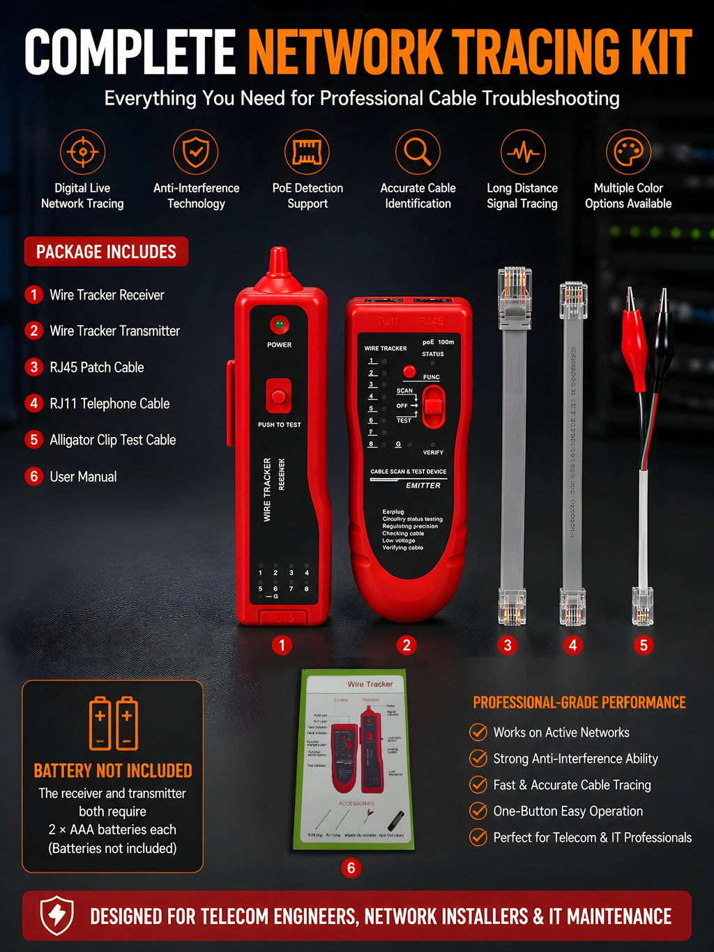 High Precision Network Cable Tracker Digital Signal Network Cable Tester Anti-Interference Noise-Free Support for PoE Testing