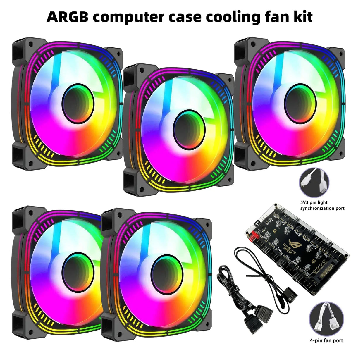 This ARGB Cooling Fan Kit Includes Five 120mm Cooling Fans and a PWM ARGB 2-in-1 Hub, Suitable for Computer Cases (Forward Fan)