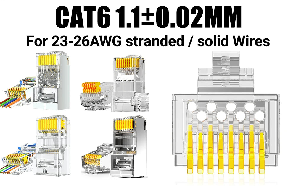 AMPCOM RJ45 Connector 50U Gold Plated CAT7 CAT6 CAT5E Pass through Modular Plug 8P8C Crimp End for Solid Wire Stanrded Ethernet
