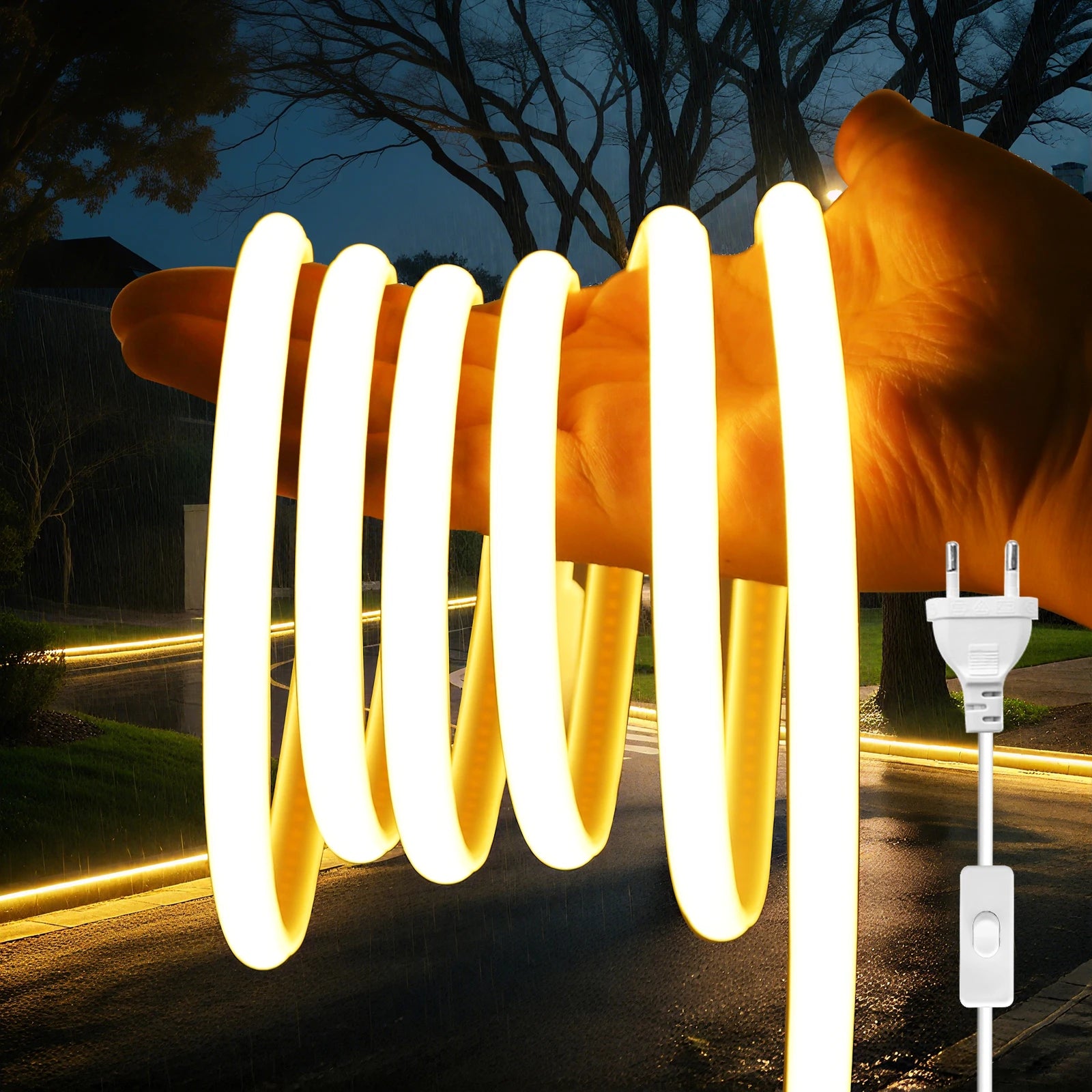 AC 220V COB Strip With ON/OFF Switch White 3000K 4000K 6000K IP65 Waterproof Home Decor Flexible Ribbon LED Neon Light 1M-35M