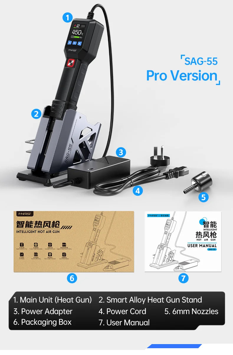 FNIRSI SAG-55 Hot Air Gun BGA Rework Solder Station Heat Gun 220V 550W Hair Dryer For Soldering SMD SMT Welding Repair Tool
