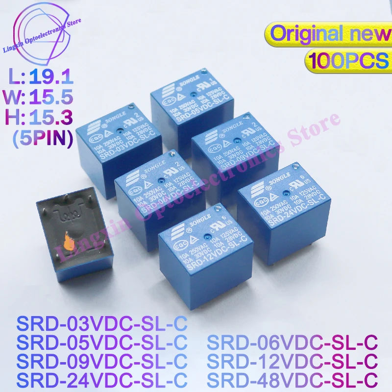 100PCS/lot SRD-05VDC-SL-C SRD-09VDC-SL-C SRD-12VDC-SL-C SRD-24VDC-SL-C DC 3V 5V 6V 9V 12V 24V 48V Relays 10A 250VAC 5Pin T73 SRD