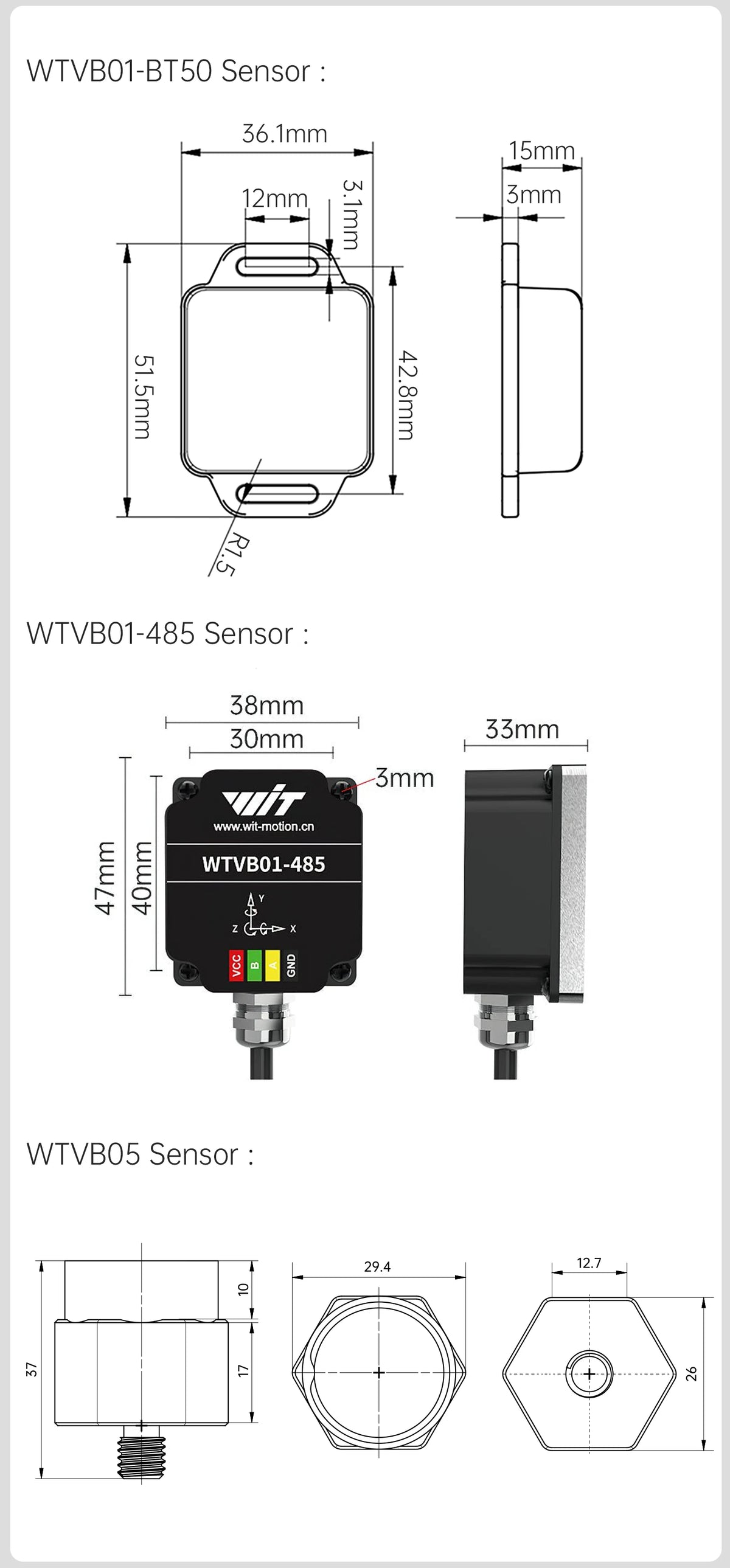 WitMotion WTVB01-485 IPX8 Vibration Sensor 3axis (XYZ) Modbus Vibration Analyzer Displacement(Acceleration +Speed+Amplitude)