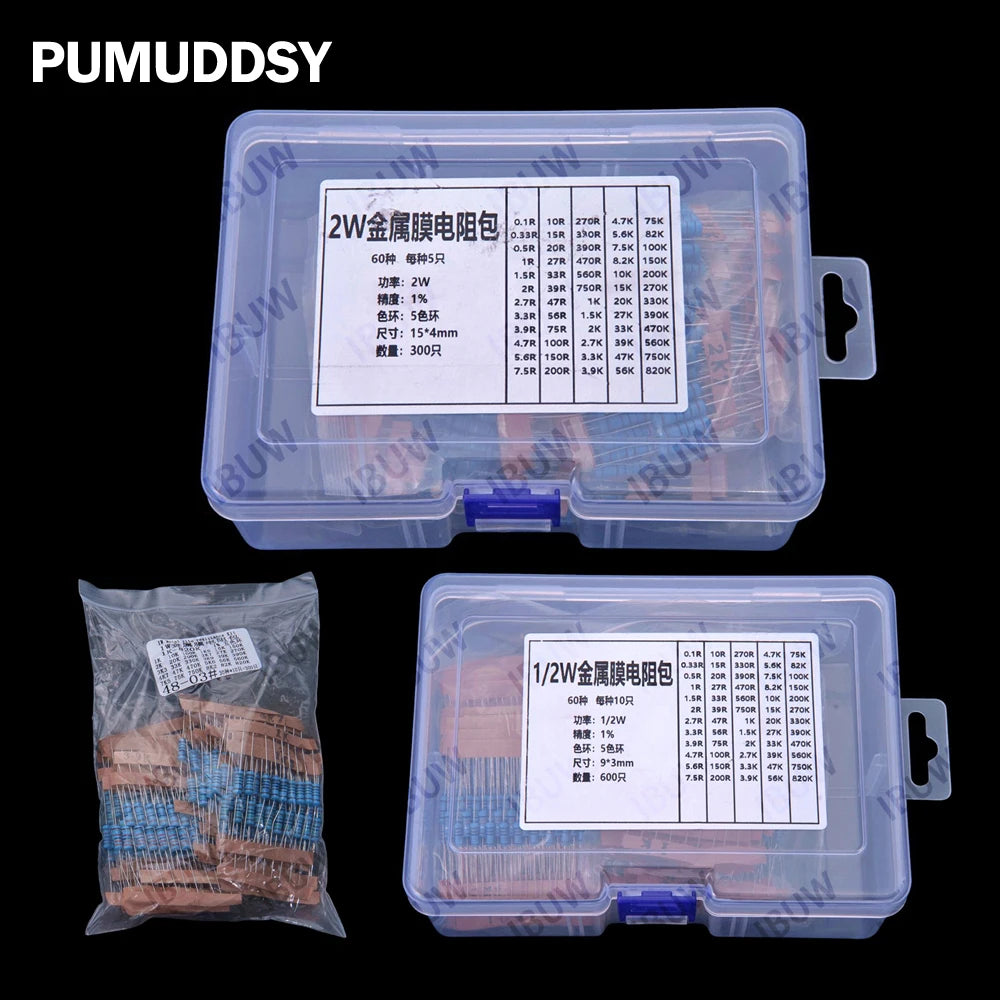 60Values 0.1R 100R 200R 1/2W 1W 2W 3W 1% Metal film resistors kit dip  300R 1K 2K 3K Resistor
