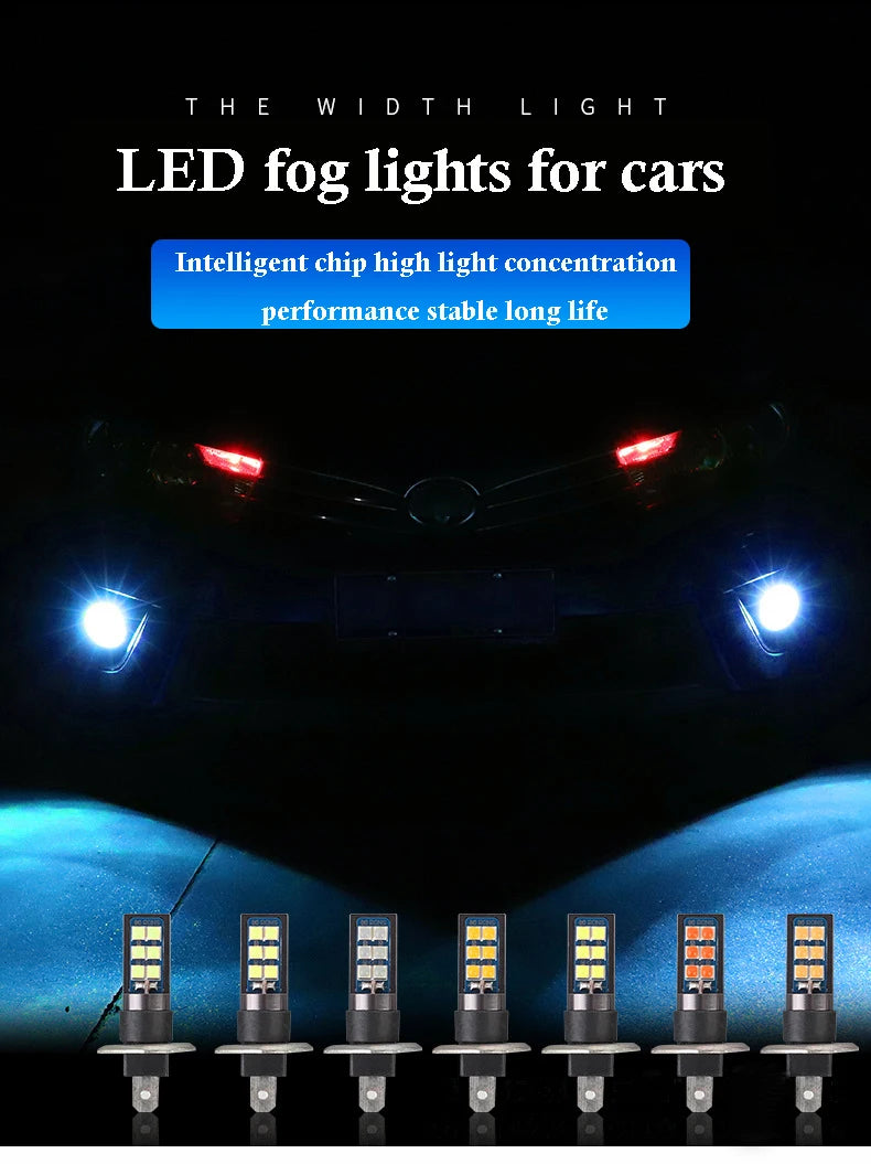 2x 7 Colors H1 H3 880 Canbus Super Bright LED Bulb Car Fog Light Headlight Bulbs 3030 12SMD 12V Running Light Auto Car Fog Lamps
