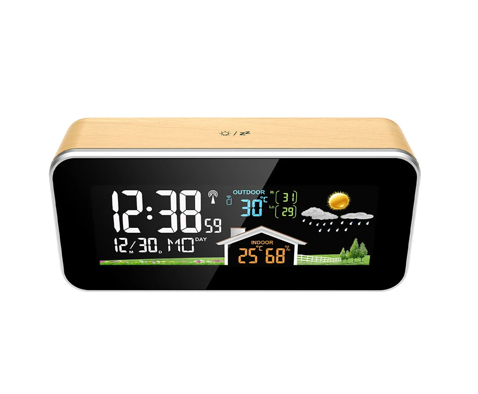 Wireless Weather Station Wooden Alarm Clock Digital Thermometer Humidity Temperature Wireless Sensor Home TimeWatch Desktop