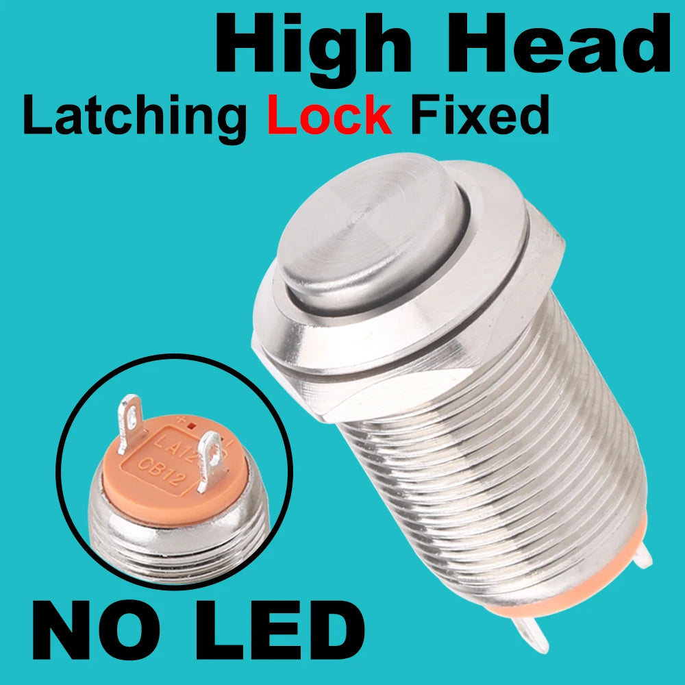 12mm metal push button waterproof nickel plated brass button switch Latching/self-locking/fix high/flat head on-off NO LED