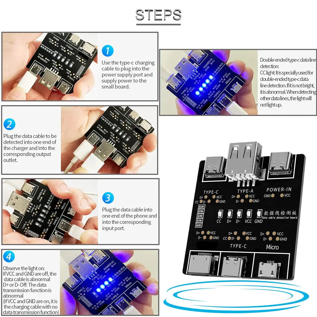 DT3 Data Cable Detection Board Type C USB C Micro USB Cable Tester Detector for Apple IOS Android Fast Quick Charging Lighting