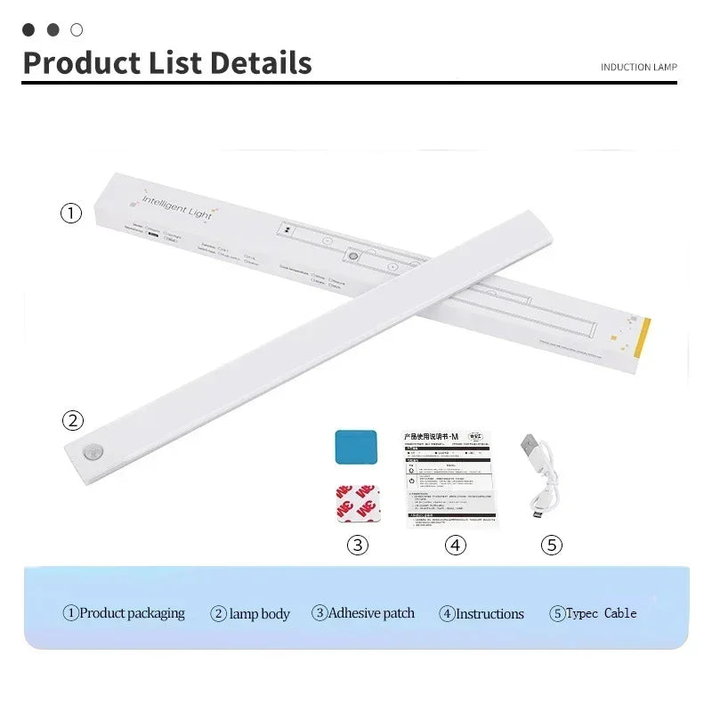 10-60cm USB Rechargeable Ultra-Thin Motion Sensor Light Magnetic Mount  3-Color Adjustment Under Cabinet Light for Home Office
