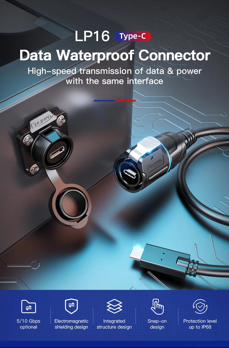 CNLINKO LP16 Waterproof Type-C Connector 5A Female Socket Jacks 10 Gbps Panel Mount Receptacles for Fast Charging Data Transfer