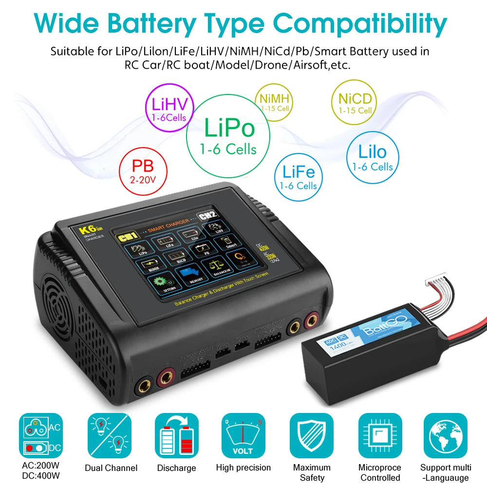 HTRC K6+ Lipo Battery Charger DC 400W AC 200W 12Ax2 RC Charger Balance Discharger For LiHV LiFe Li-lon NiCd NiMh Pb LiPo Batteri