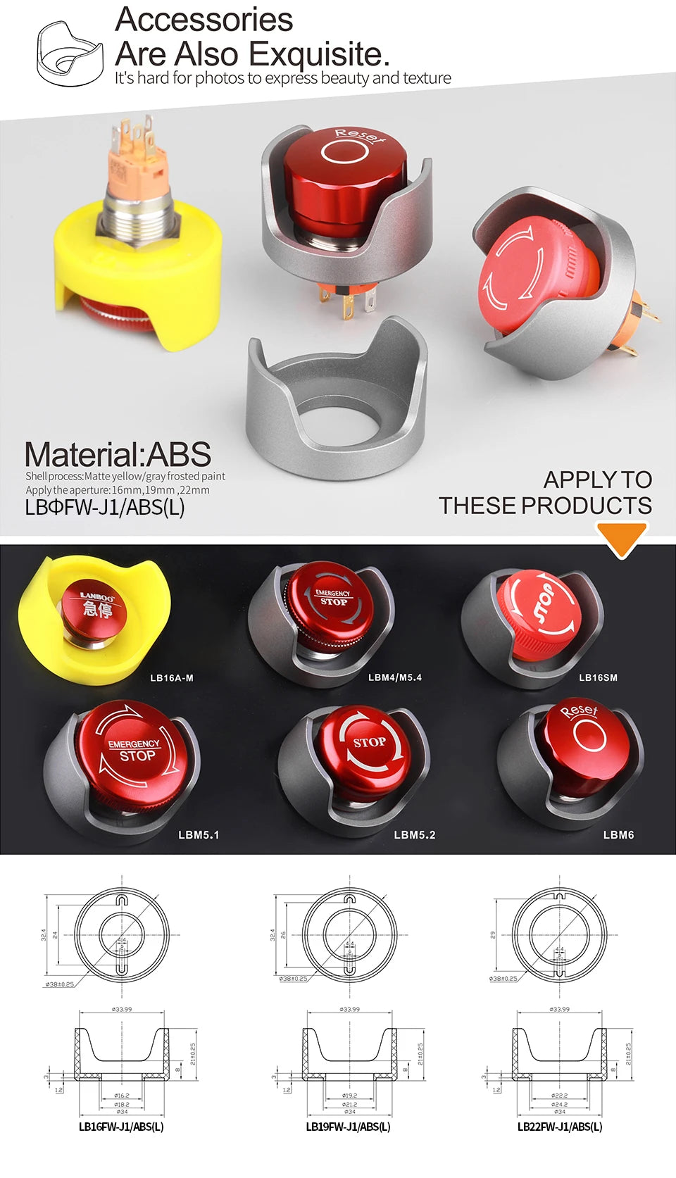 LANBOO 19mm 22mm Metal Emergency STOP Mushroom Push Button Switch Latching Button Switch with LED