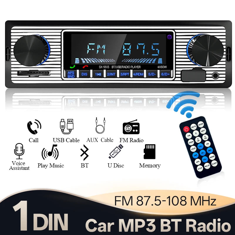 Hippcron Car Radio 1 Din Car MP3 Stereo Audio Player Bluetooth FM Receiver Support AUX/USB 12V Universal