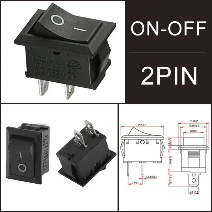 10/30/100 Pcs KCD1 Snap - in Boat Rocker Switch - SPST ON - OFF, 2/3/4 Pin, 250V 6A (AC) / 125V 10A, 2P Toggle Power Snap Switch
