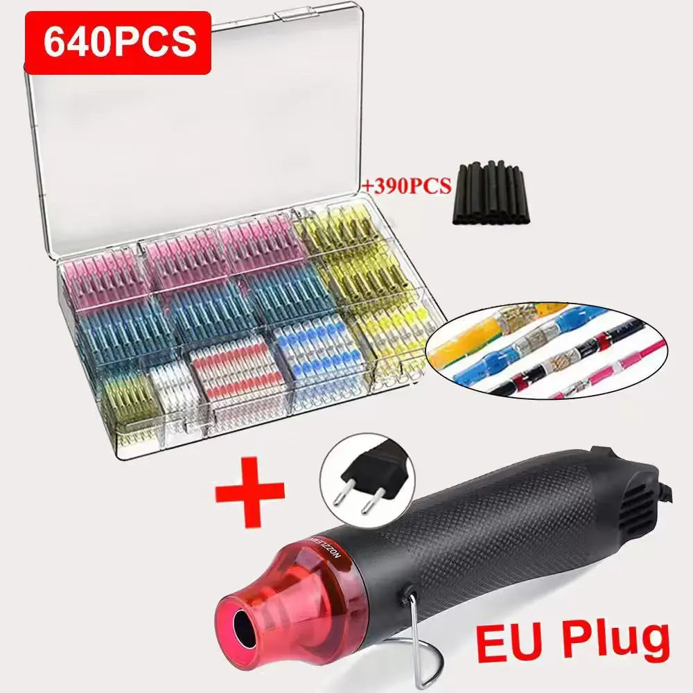 640/250PCS Waterproof Heat Shrink Butt Crimp Terminals Solder Seal Electrical Wire Cable Splice Terminal Kit with Hot Air Gun