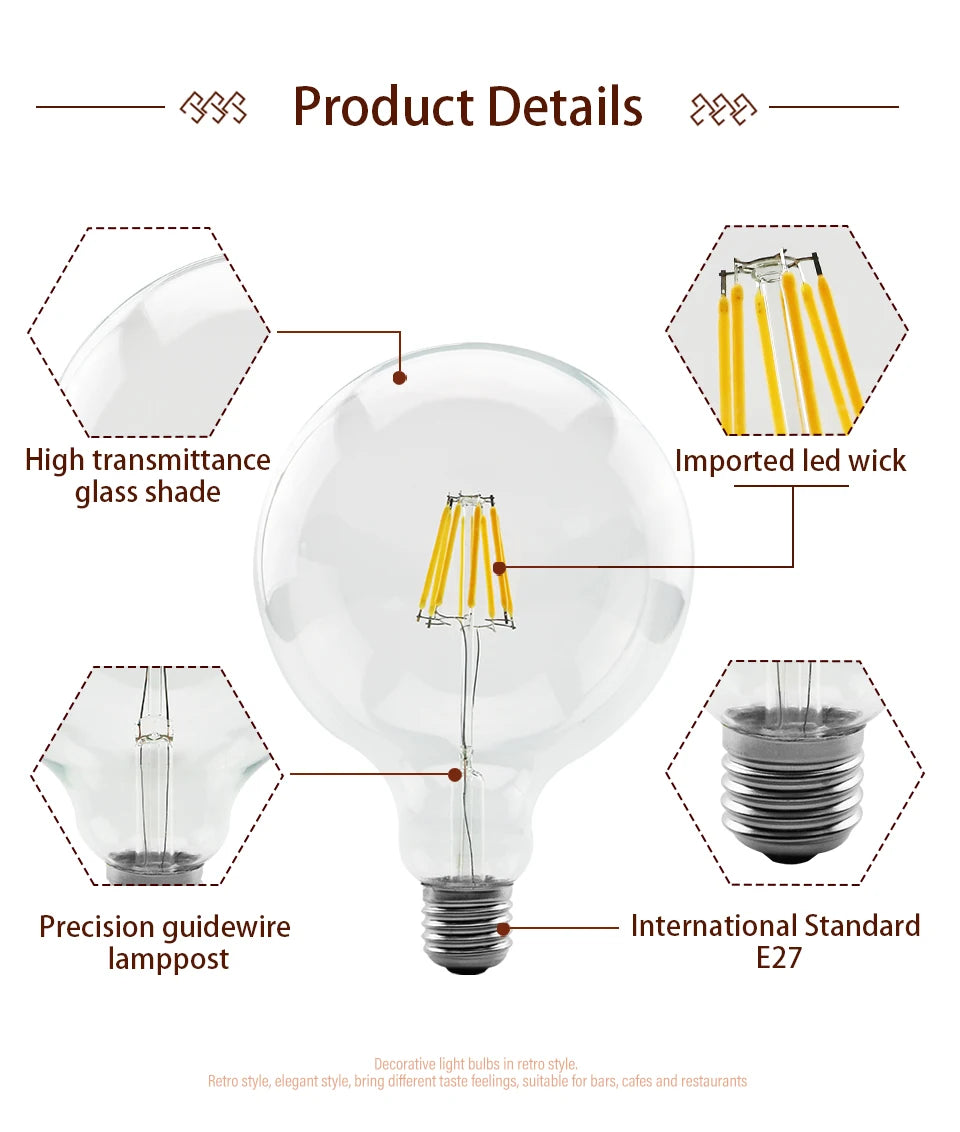 Retro Edison Filament LED Light Bulb E27 AC 220V 240V G80 G95 G125 Globe Light Glass Bulb 2W 4W 6W 8W Lampara LED Lamp