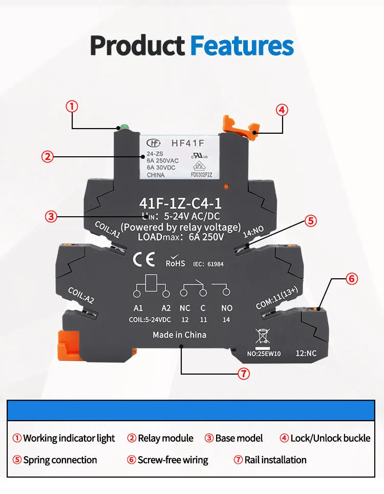10pcs Slim Relay 5V 12V 24V DIN Rail Mounted Relay Moudle HF 41F SSR 30VDC 250VAC High Frequency Interface Relay With Led 6A