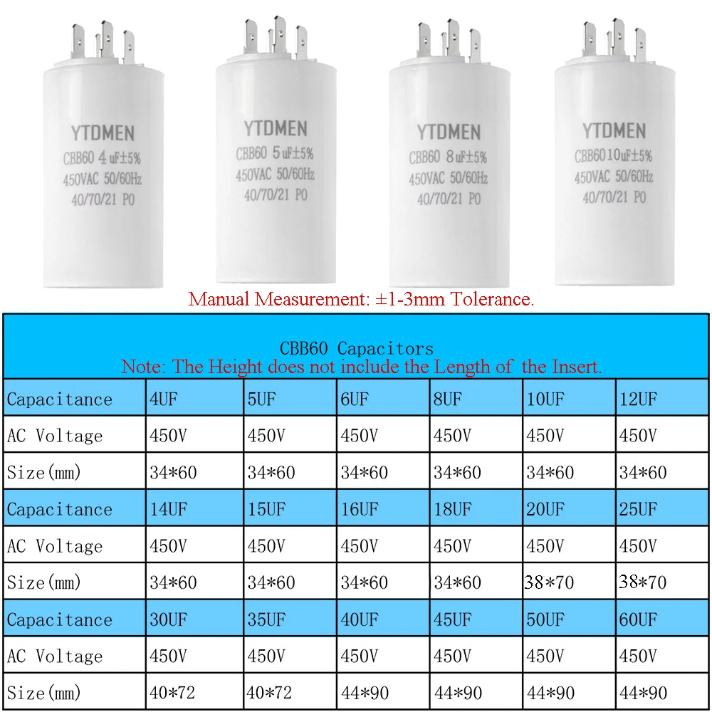 AC 450V CBB60 Dual Insert Motor Starting Capacitor 4pin 4UF-60UF Replacement Motor Run Capacitors For Air Compressor Water Pump
