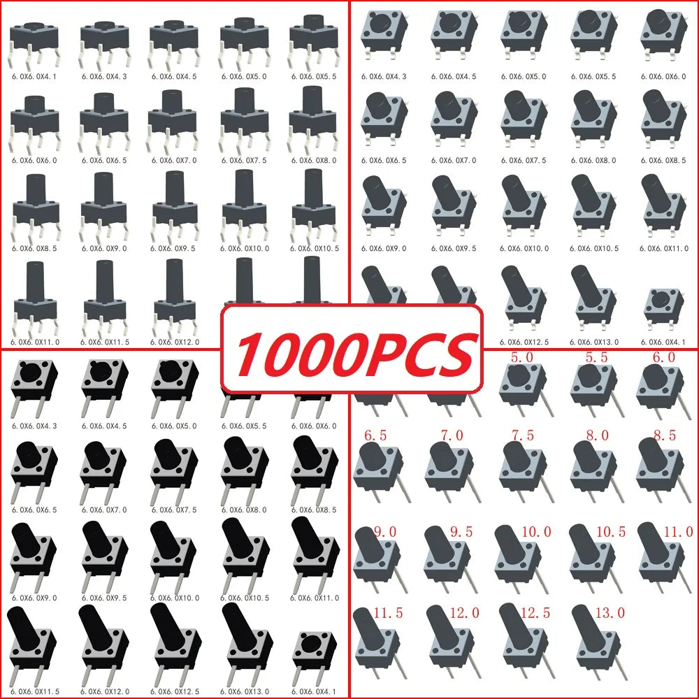 1000PCS 6X6X4.1/4.3/4.5/5/5.5/6/6.5/7/7.5/8/8.5/9/9.5/10/10.5/11/11.5/12/12.5/13mm DIP SMT 4Pin 2Pin Tactile Push Button Switch