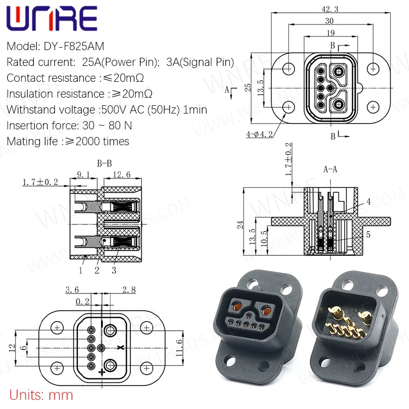 EV Connectors 2+1+5 25A Male Female Connector Electric Bike Charger Cot Battery Charger Plug Socket