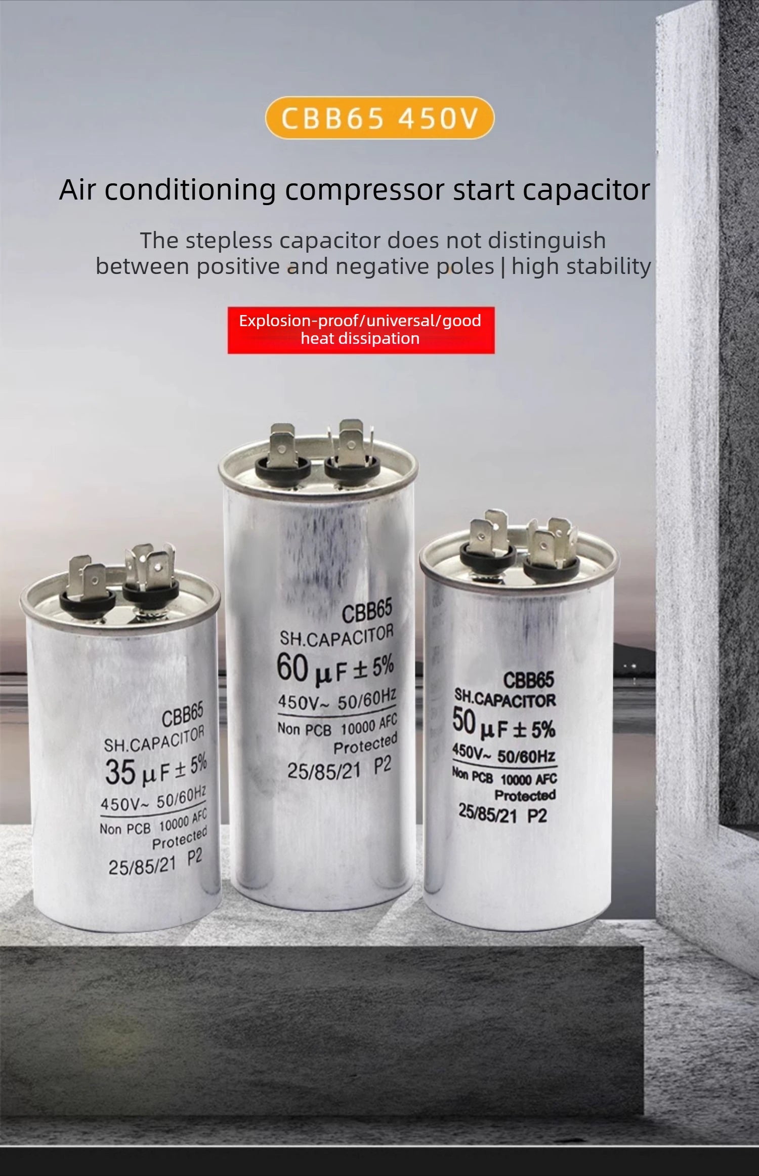 CBB65 AC Motor Capacitor Air Conditioner Compressor Start Capacitor 450VAC 5uF 20uF 25uF 30uF 35uF 40uF 45uF 50uF 60uF 70uF 5%