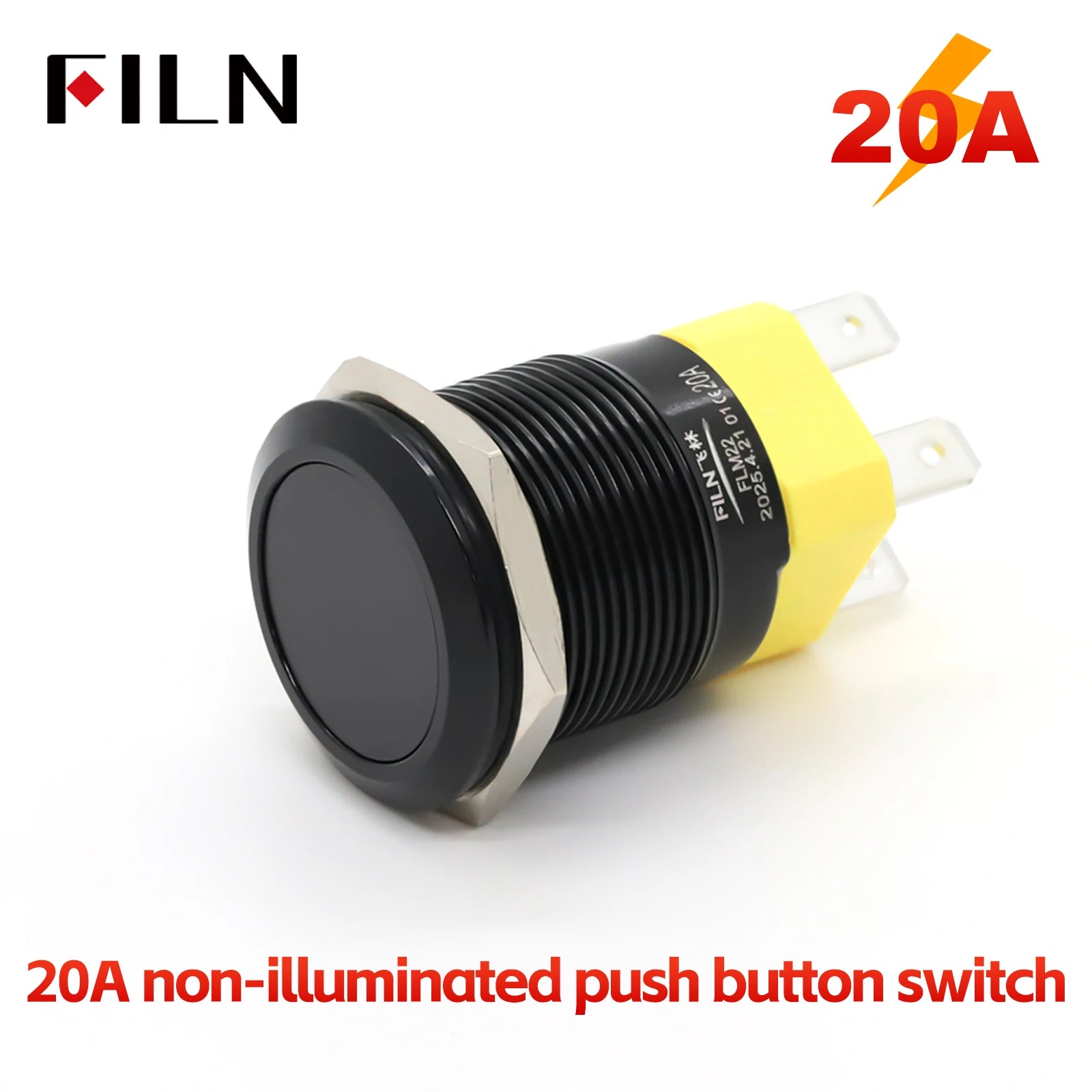 FILN 22mm 20A Stainless Steel Push Button Switch Waterproof IP66 High Current 12V/24V/110V/220V Auto Marine Industrial Control