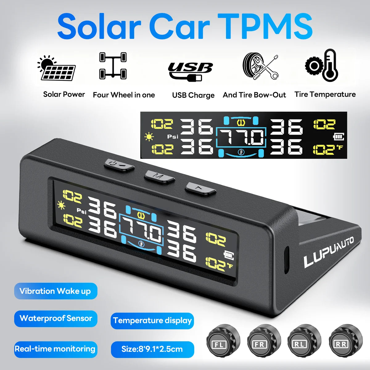 TPMS Solar/USB Charging Digital LCD Display Universal Smart Car TPMS Tyre Pressure Monitoring System 4 Or 6 Sensors Auto Security Alarm Smart Temperature Tire Air Pressure Gauge