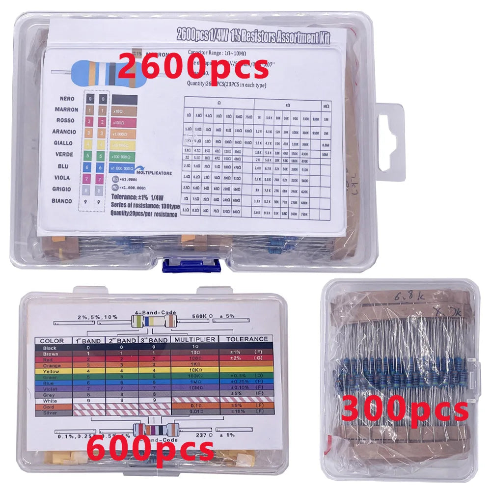 300/600/2600pcs 1% Resistor Set Resistance 1/4W Metal Film Resistors Kit 10Ohm ~1M Ohm 30/130Values Electronic Components Kit