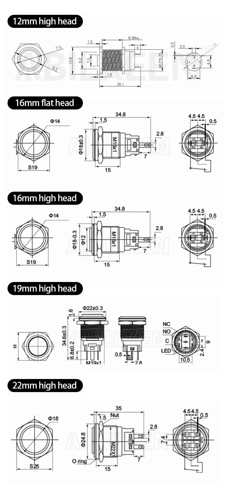 ABILKEEN 16/19/22MM LED Ring Light Metal Push Button Switch 1NO1NC/2NO2NC LED Ring Light Momentary/Latching Push Button Switch