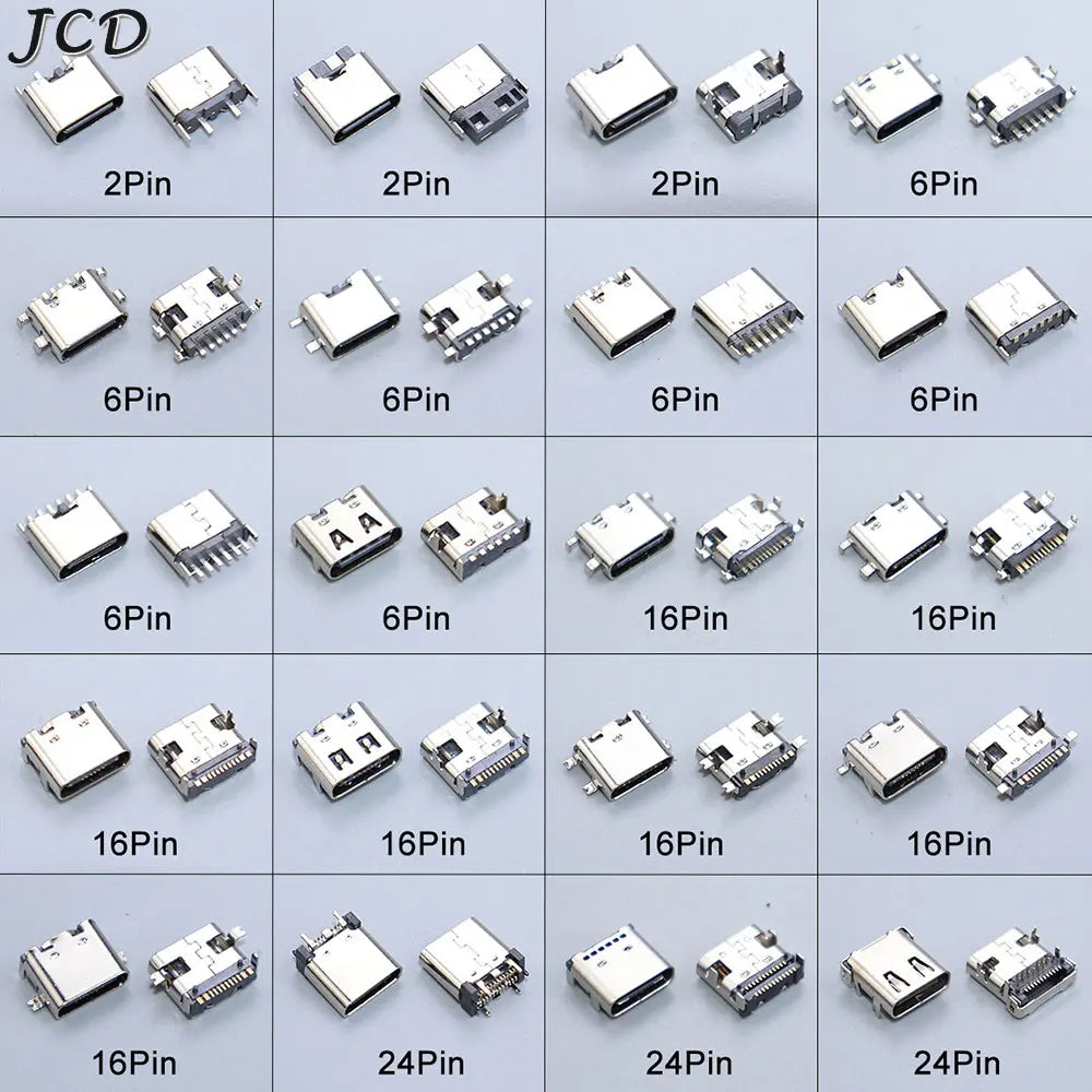 JCD 10PCS 2/6/16/24 Pin Type-C Charging Port USB-C Female Connector Charger Socket PCB Soldering SMD SMT DIY Repair Adapter