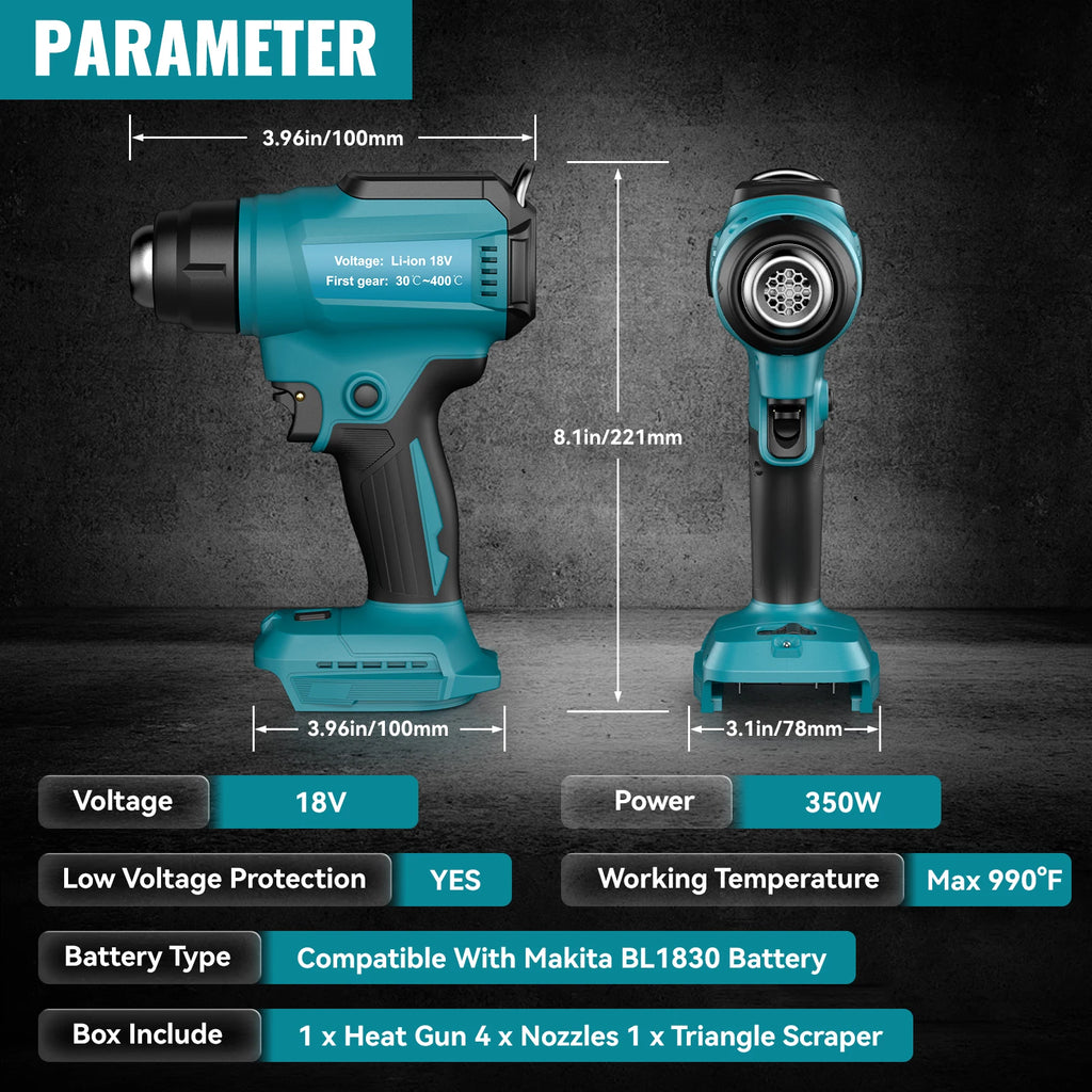 For Makita 18v Battery Cordless Heat Gun 18V Battery Adjustable Temperature 122℉-1022℉ Battery Heat Shrink Gun