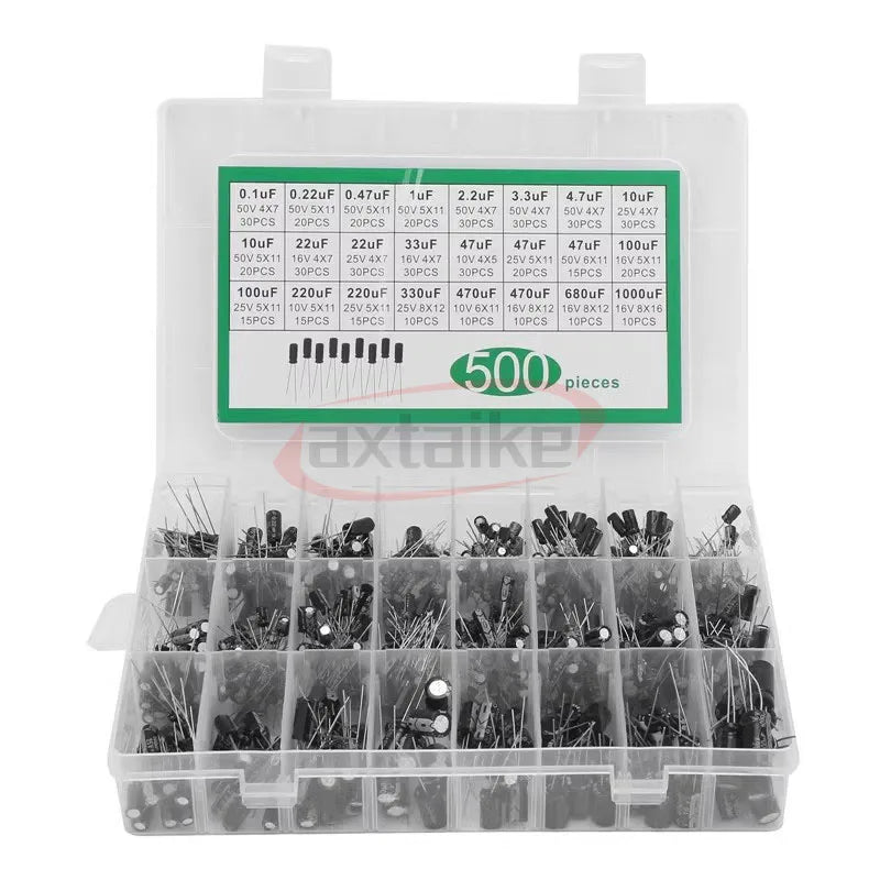 120/200/500pcs Radial Capacitors Set 12 15 24 Values 16V 25V 50V 0.1uF-1000uF Electrolytic Capacitor Assortment Kit Box