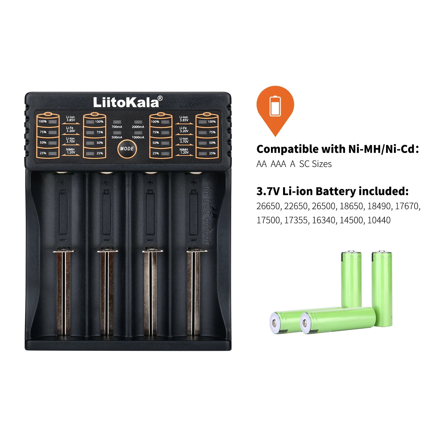 LiitoKala Lii-402 Universal Smart Battery Charger Compatible with Multiple Sizes Including 18650, 26650, 18500 Batteries