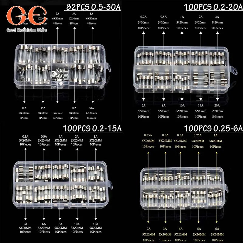 100Pcs  Fast-blow Glass Tube Fuses 5*20 Household Fuses Car Glass Tube Fuses Assorted Kit 5X20 with Box Fusiveis 0.1A-30A