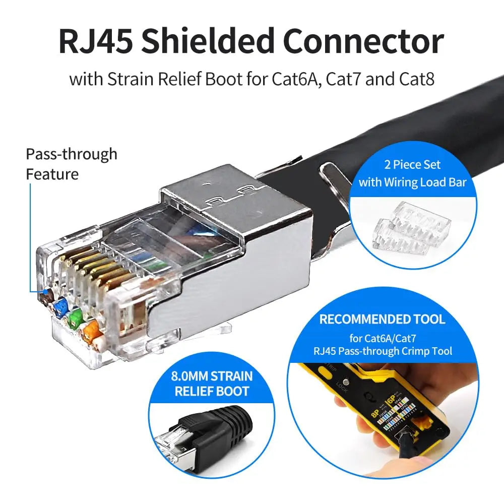 ZoeRax RJ45 Cat8 Cat7 Cat6A Pass Through Shielded Connector Modular Network 3-Prong 50μ Gold-Plated Plug with Strain Relief Boot