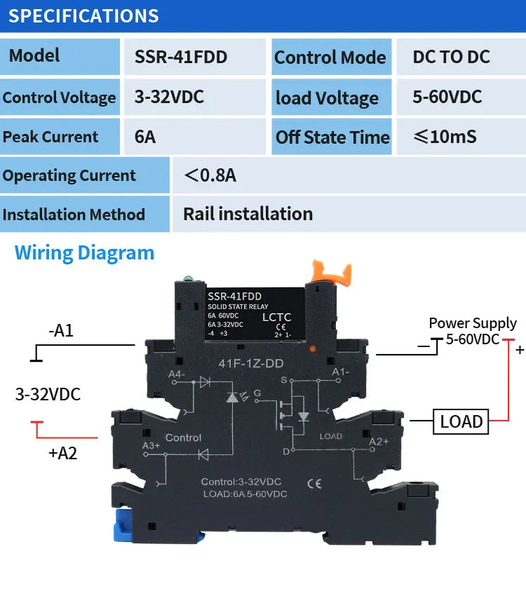 10PCS DIN Rail Mounted Solid State Relay Slim SSR Relay Module DC Control AC DC Control DC 6A SSR-41FDA/DD