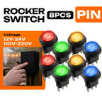 FILN 8PCS 12V 24V 110V 220V Waterproof Rocker Switch 3 Pin LED Lighted ON-OFF Round SPST Toggle Switch for Car Boat Marine PA66